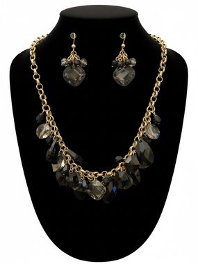 Chunky Gold-Tone Statement Set – Black & Smoky Grey Crystal Beads
